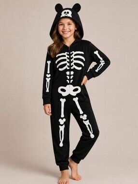 Disney Mickey Mouse Skeleton Glow Jumpsuit Black Unisex Youth Size 9 Halloween